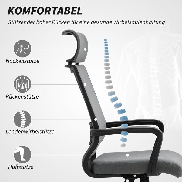 HOMCOM Kancelářská židle, ergonomická stolní židle s opěrkami, opěrkou hlavy, výškově nastavitelná otočná židle s houpací funkcí, počítačová židle s v