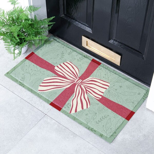 Rohožka s vánočním motivem z recyklovaného plastu 40x70 cm Red & White Stripe Bow – Artsy Doormats