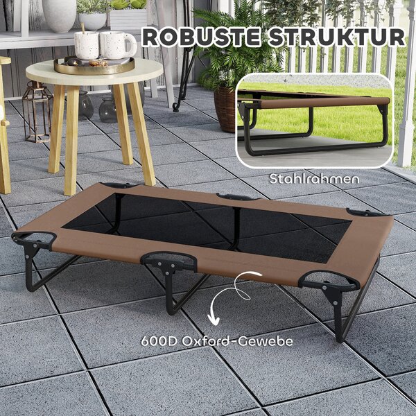 PawHut Zvedená Skládací Psí Postel, Venkovní Psí Lehátko s Mřížkovým Designem, Prodyšné, pro Velké Psy Káva Oxford 107 x 61 x 20 cm | Aosom