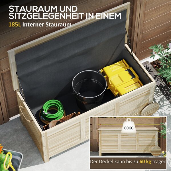 Outsunny Úložný box na polštáře 185 L Voděodolný zahradní box na kolečkách Dřevěný weatherproof UV odolný úložný box na polštáře pro zahradu a balkon
