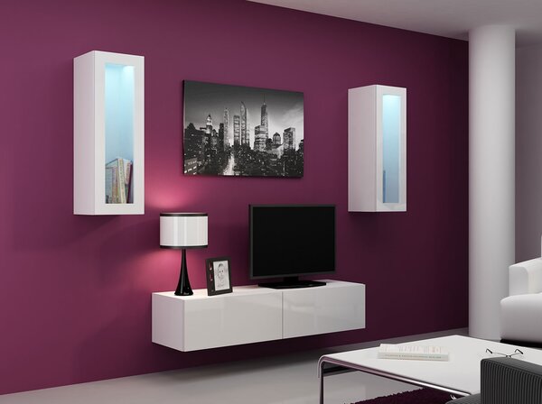 Obývací stěna s LED modrým osvětlením ASHTON 8 - bílá / lesklá bílá