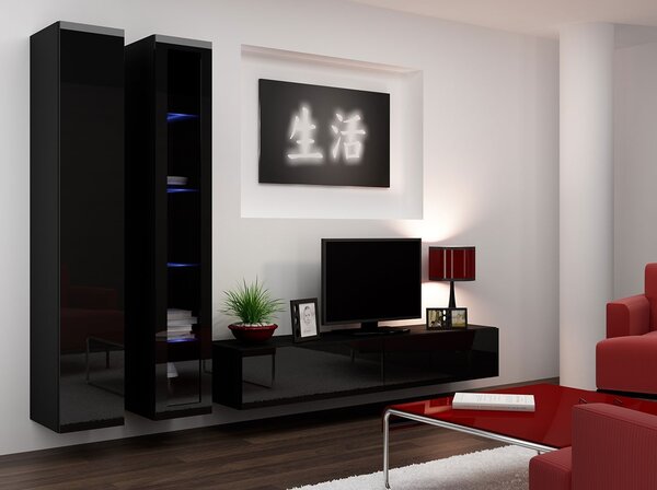 Obývací stěna s LED RGB osvětlením ASHTON 3 - černá / lesklá černá