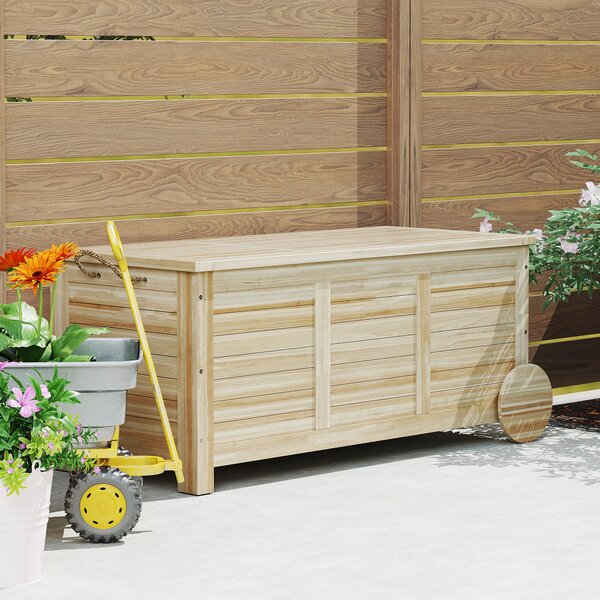 Outsunny Úložný box na polštáře 185 L Voděodolný zahradní box na kolečkách Dřevěný weatherproof UV odolný úložný box na polštáře pro zahradu a balkon