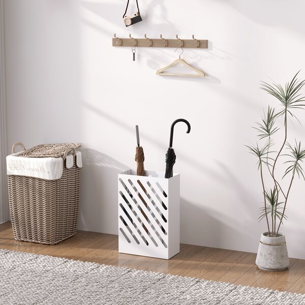 HOMCOM Držák na deštníky s 4 háčky a odkapávacím tácem, 28 x 14 x 41 cm, Bílý | Aosom
