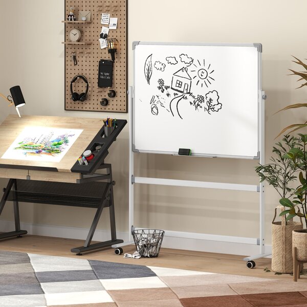 HOMCOM Dvoustranná magnetická tabule 120 x 90 cm s perem, hliníkovým rámem a otočným kolečkem pro kancelář a domov | Aosom