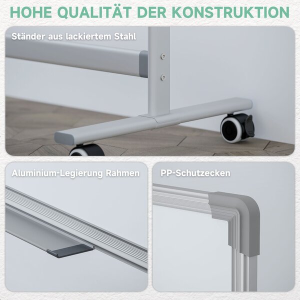 HOMCOM Dvoustranná magnetická tabule 120 x 90 cm s perem, hliníkovým rámem a otočným kolečkem pro kancelář a domov | Aosom