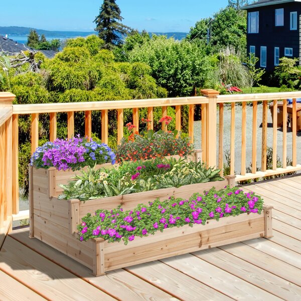 Outsunny Vyvýšený záhon 3-vrstvý zahradní květináč na bylinky a květiny pro balkon z přírodního borového dřeva 120 x 120 x 56 cm | Aosom