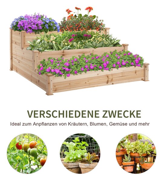 Outsunny Vyvýšený záhon 3-vrstvý zahradní květináč na bylinky a květiny pro balkon z přírodního borového dřeva 120 x 120 x 56 cm | Aosom