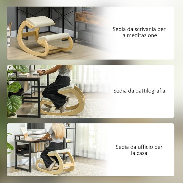 HOMCOM Křeslo na kolenou s houpacím mechanismem, ergonomické křeslo v lněné tkanině a břízovém dřevě, 55x85x55 cm, krémové | Aosom