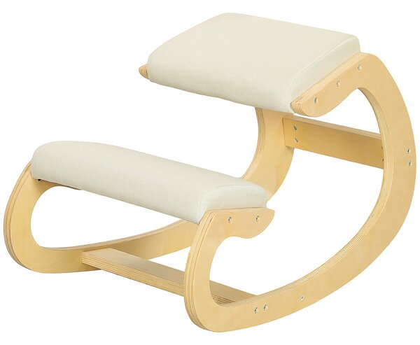HOMCOM Křeslo na kolenou s houpacím mechanismem, ergonomické křeslo v lněné tkanině a břízovém dřevě, 55x85x55 cm, krémové | Aosom