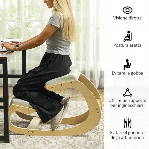 HOMCOM Křeslo na kolenou s houpacím mechanismem, ergonomické křeslo v lněné tkanině a břízovém dřevě, 55x85x55 cm, krémové | Aosom