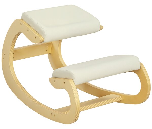 HOMCOM Křeslo na kolenou s houpacím mechanismem, ergonomické křeslo v lněné tkanině a břízovém dřevě, 55x85x55 cm, krémové | Aosom