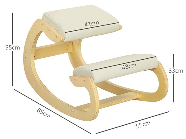 HOMCOM Křeslo na kolenou s houpacím mechanismem, ergonomické křeslo v lněné tkanině a břízovém dřevě, 55x85x55 cm, krémové | Aosom