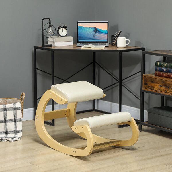 HOMCOM Křeslo na kolenou s houpacím mechanismem, ergonomické křeslo v lněné tkanině a břízovém dřevě, 55x85x55 cm, krémové | Aosom