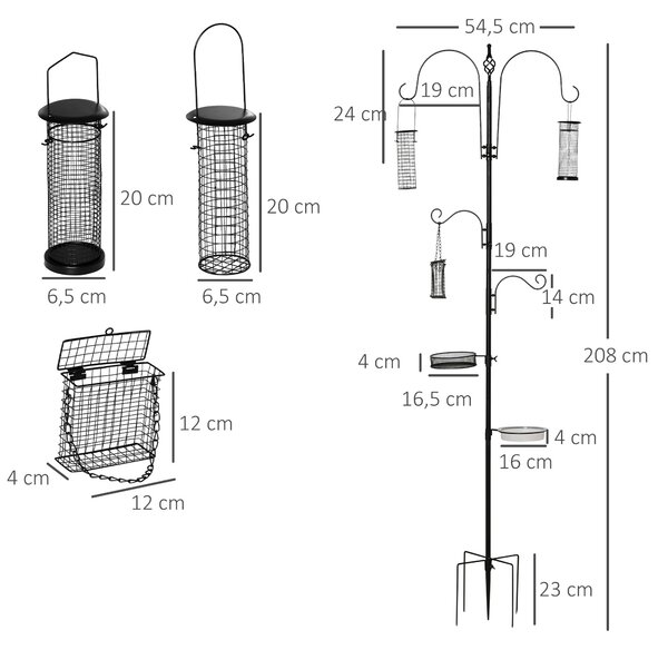 Sada krmítka pro ptáky PawHut z oceli, výška 208 cm včetně 4 háků, pítko pro ptáky, krmící misku, kompletní stanice pro ptactvo, černá | Aosom