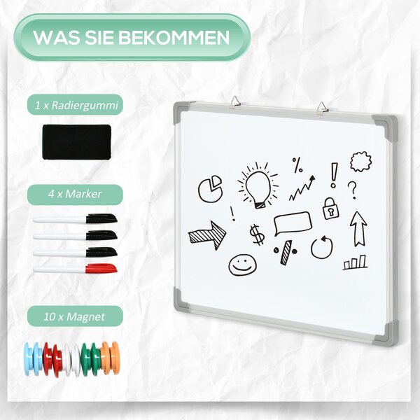 HOMCOM Magnetická tabule s bílou plochou – 4 fixy, 1 guma, 10 magnetů, stojan, montáž na zeď, snadno stíratelná, 60 x 1,8 x 45 cm | Aosom