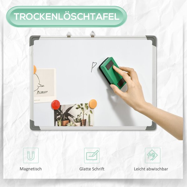 HOMCOM Magnetická tabule s bílou plochou – 4 fixy, 1 guma, 10 magnetů, stojan, montáž na zeď, snadno stíratelná, 60 x 1,8 x 45 cm | Aosom