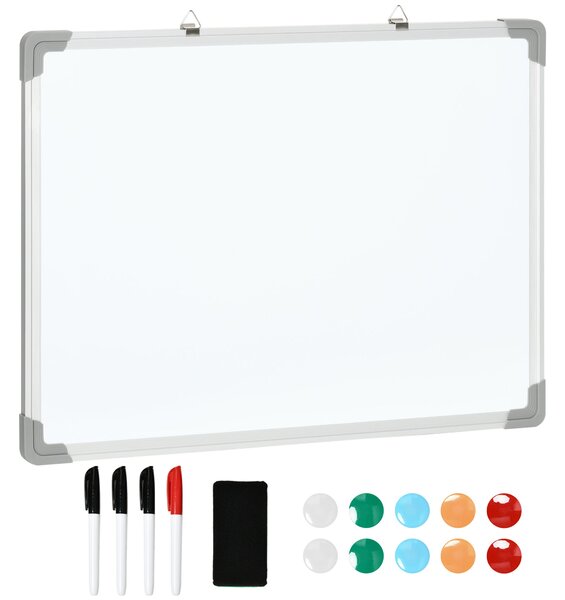 HOMCOM Magnetická tabule s bílou plochou – 4 fixy, 1 guma, 10 magnetů, stojan, montáž na zeď, snadno stíratelná, 60 x 1,8 x 45 cm | Aosom