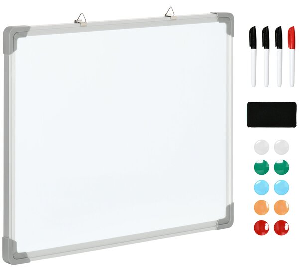 HOMCOM Magnetická tabule s bílou plochou – 4 fixy, 1 guma, 10 magnetů, stojan, montáž na zeď, snadno stíratelná, 60 x 1,8 x 45 cm | Aosom