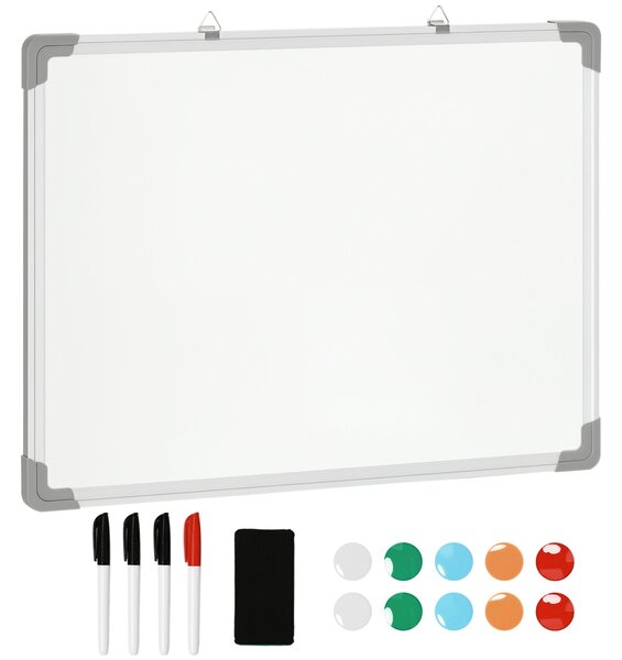 HOMCOM Magnetická tabule s bílou plochou – 4 fixy, 1 guma, 10 magnetů, stojan, montáž na zeď, snadno stíratelná, 60 x 1,8 x 45 cm | Aosom