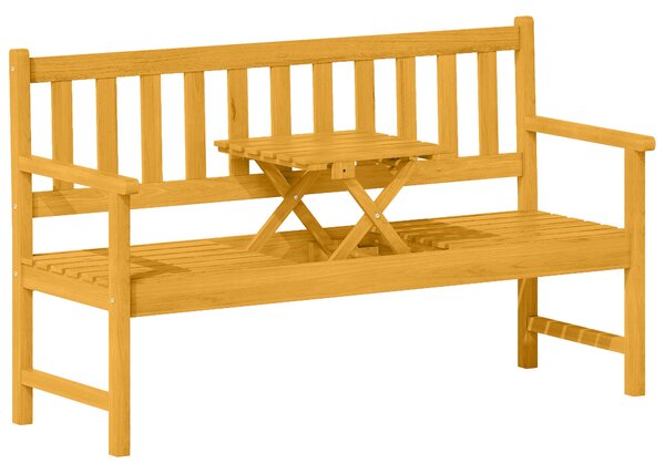 Dřevěná zahradní lavice Outsunny pro 2 osoby, odolná vůči povětrnostním vlivům, zahradní nábytek s opěrkou a područkami, skládací stůl, nosnost 320 kg