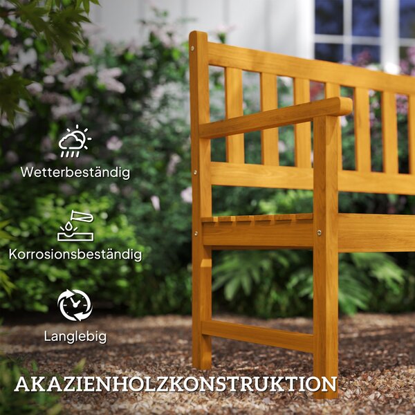 Dřevěná zahradní lavice Outsunny pro 2 osoby, odolná vůči povětrnostním vlivům, zahradní nábytek s opěrkou a područkami, skládací stůl, nosnost 320 kg