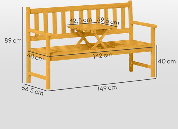 Dřevěná zahradní lavice Outsunny pro 2 osoby, odolná vůči povětrnostním vlivům, zahradní nábytek s opěrkou a područkami, skládací stůl, nosnost 320 kg
