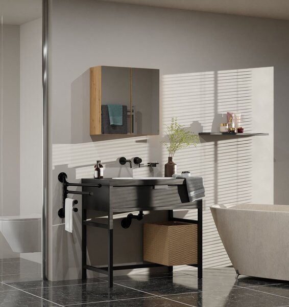 TP Living Závěsná koupelnová skříňka POLA 60 cm se zrcadlem dub artisan