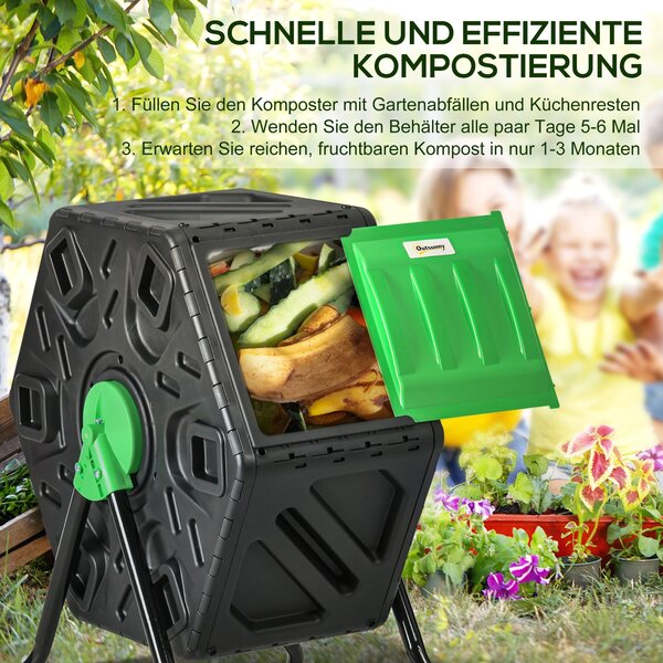 Outsunny Kompostér 65 litrů, 60x49x77cm Rotovatelný rychlý kompostér z plastu, odolný vůči počasí s ventilačním systémem, víkem, zahradní kompostér, k