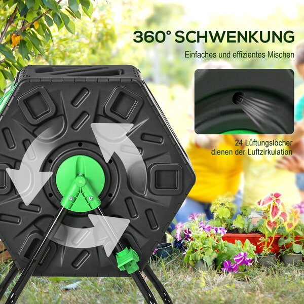 Outsunny Kompostér 65 litrů, 60x49x77cm Rotovatelný rychlý kompostér z plastu, odolný vůči počasí s ventilačním systémem, víkem, zahradní kompostér, k