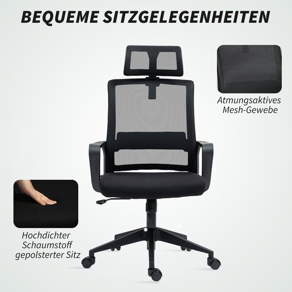 Ergonomická kancelářská židle HOMCOM s opěrkami, nastavitelnou opěrkou hlavy a výškově nastavitelnou síťovou otočnou židlí s funkcí náklonu, černá | A