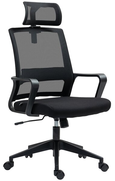 Ergonomická kancelářská židle HOMCOM s opěrkami, nastavitelnou opěrkou hlavy a výškově nastavitelnou síťovou otočnou židlí s funkcí náklonu, černá | A