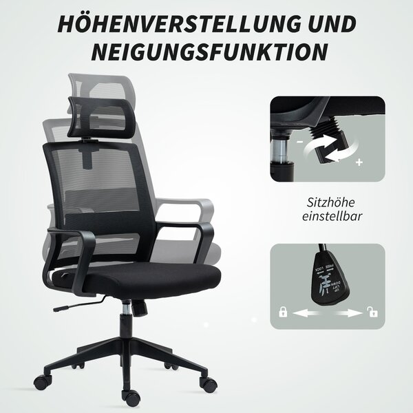 Ergonomická kancelářská židle HOMCOM s opěrkami, nastavitelnou opěrkou hlavy a výškově nastavitelnou síťovou otočnou židlí s funkcí náklonu, černá | A
