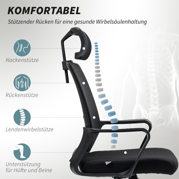 Ergonomická kancelářská židle HOMCOM s opěrkami, nastavitelnou opěrkou hlavy a výškově nastavitelnou síťovou otočnou židlí s funkcí náklonu, černá | A