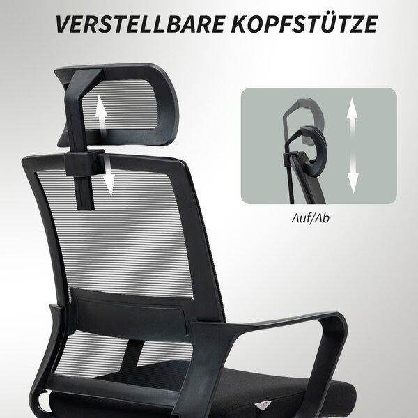 Ergonomická kancelářská židle HOMCOM s opěrkami, nastavitelnou opěrkou hlavy a výškově nastavitelnou síťovou otočnou židlí s funkcí náklonu, černá | A