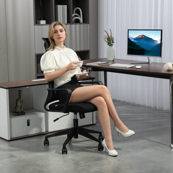 Ergonomická kancelářská židle HOMCOM s opěrkami, nastavitelnou opěrkou hlavy a výškově nastavitelnou síťovou otočnou židlí s funkcí náklonu, černá | A