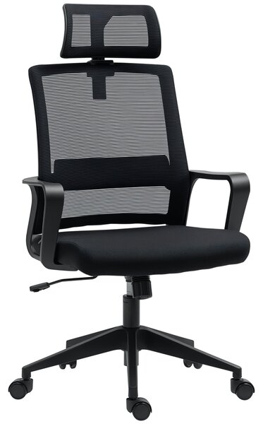 Ergonomická kancelářská židle HOMCOM s opěrkami, nastavitelnou opěrkou hlavy a výškově nastavitelnou síťovou otočnou židlí s funkcí náklonu, černá | A