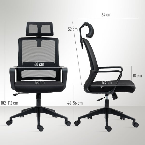 Ergonomická kancelářská židle HOMCOM s opěrkami, nastavitelnou opěrkou hlavy a výškově nastavitelnou síťovou otočnou židlí s funkcí náklonu, černá | A