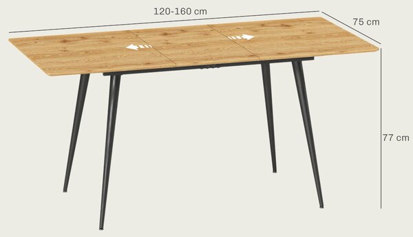HOMCOM Rozkládací Jídelní Stůl 120/160 x 75 cm pro 6-8 Osob, Moderní Jídelní Stůl se Ocelovými Nohami, Přírodní | Aosom