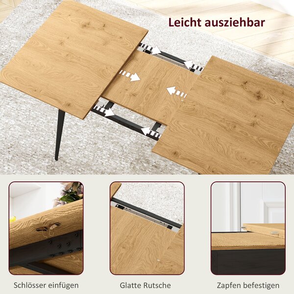 HOMCOM Rozkládací Jídelní Stůl 120/160 x 75 cm pro 6-8 Osob, Moderní Jídelní Stůl se Ocelovými Nohami, Přírodní | Aosom