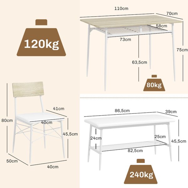 HOMCOM Jídelní set - Jídelní stůl s lavicí a 2 židlemi - Úsporný set do kuchyně s úložným prostorem pro 4 osoby do jídelny, kuchyně, Dub | Aosom