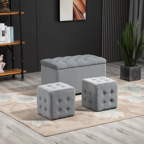 HOMCOM 3dílná sada se storage, 2 x taburety, čalouněná lavice, podnožka, úložný box, opěrka nohou, nosnost do 130 kg, mikrovlákno, pěna, 75 x 40 x 42