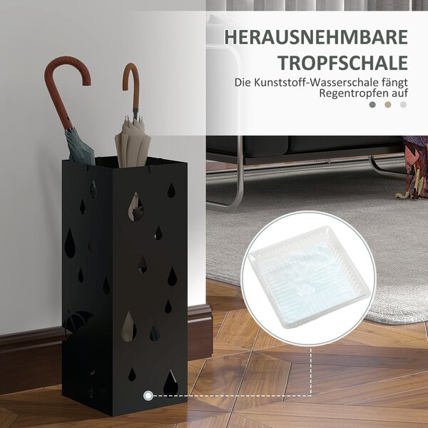 Stojan na deštník HOMCOM s 4 háčky, sběrač vody pro předsíň, držák na deštníky a hole, ocel 15,5 x 15,5 x 40 cm Černý | Aosom
