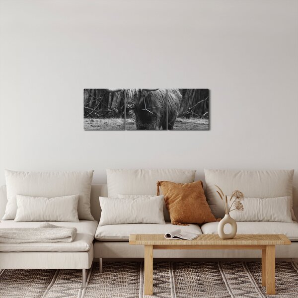 Obraz - Skotská kráva (s hodinami) (90x30 cm)