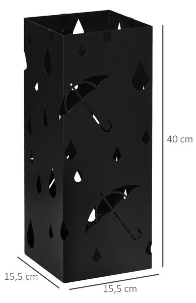 Stojan na deštník HOMCOM s 4 háčky, sběrač vody pro předsíň, držák na deštníky a hole, ocel 15,5 x 15,5 x 40 cm Černý | Aosom