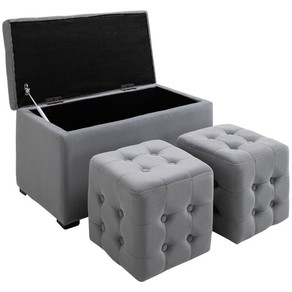HOMCOM 3dílná sada se storage, 2 x taburety, čalouněná lavice, podnožka, úložný box, opěrka nohou, nosnost do 130 kg, mikrovlákno, pěna, 75 x 40 x 42