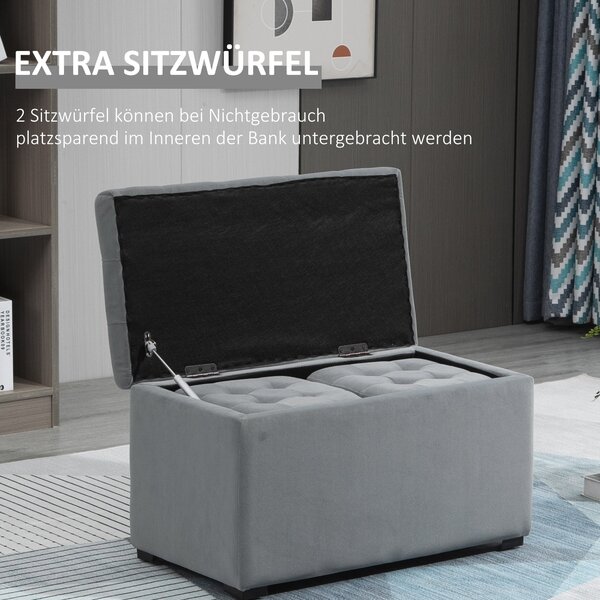 HOMCOM 3dílná sada se storage, 2 x taburety, čalouněná lavice, podnožka, úložný box, opěrka nohou, nosnost do 130 kg, mikrovlákno, pěna, 75 x 40 x 42