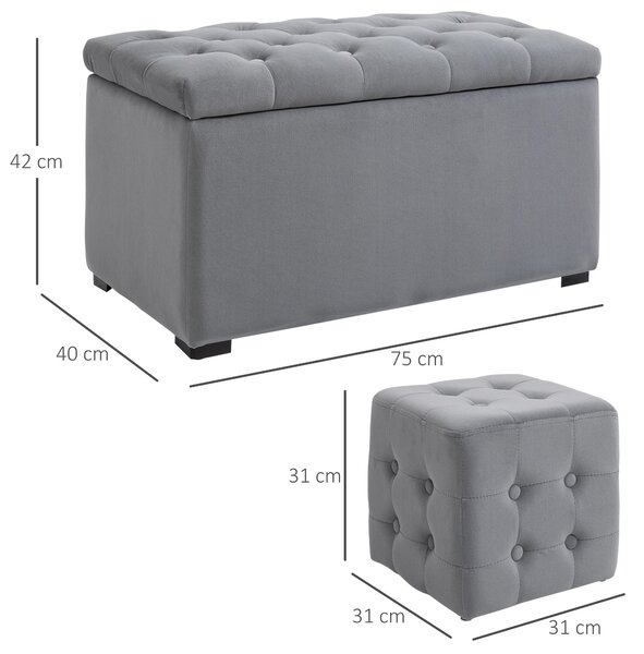 HOMCOM 3dílná sada se storage, 2 x taburety, čalouněná lavice, podnožka, úložný box, opěrka nohou, nosnost do 130 kg, mikrovlákno, pěna, 75 x 40 x 42