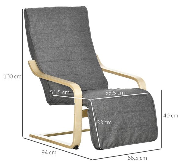 HOMCOM Relaxační křeslo do obývacího pokoje, pohovka s opěrkami z březového dřeva, křeslo s polohovacími opěrkami nohou v 5 pozicích, čtecí křeslo s v