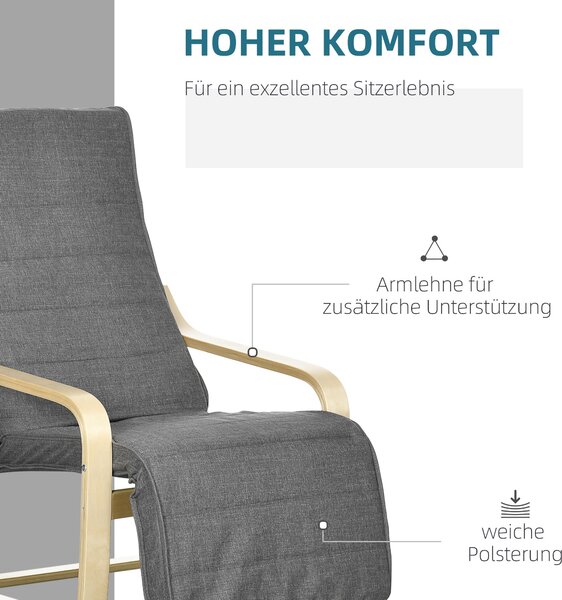 HOMCOM Relaxační křeslo do obývacího pokoje, pohovka s opěrkami z březového dřeva, křeslo s polohovacími opěrkami nohou v 5 pozicích, čtecí křeslo s v